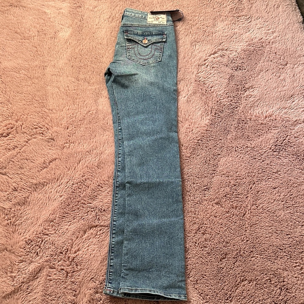 True Religion Women's Straight Leg Blue Jeans with pink stitching